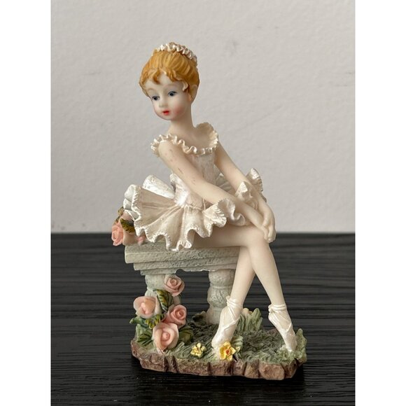 Resin Ballerina Figurine Sitting on Bench Adorned w/Flowers White Tutu Slippers - Picture 1 of 8